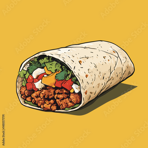 Delicious burrito on vibrant yellow background