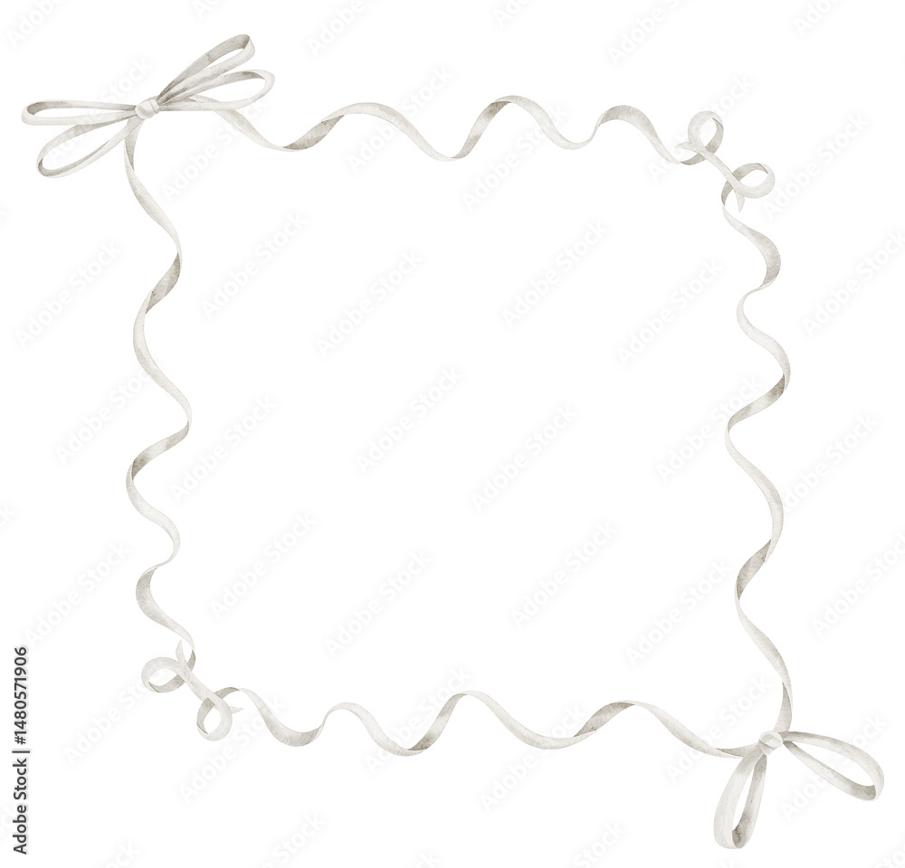 Obraz premium Watercolor illustration of Template with white ribbon frame and bows. Drawing of Border in pastel soft colors for birth announcements, baby shower invitations and wedding greeting cards.