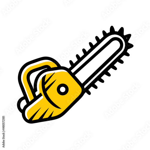 Cartoon chainsaw illustration in yellow with black details  