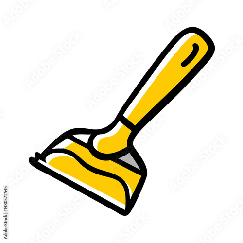 Yellow floor scraper tool with a metal blade and wooden handle  