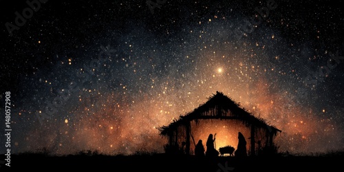 Mystical Night's Embrace: A captivating image portraying the nativity scene, bathed in the serene glow of a star-studded night, symbolizing the arrival of peace.Ai image