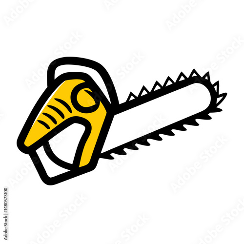 Yellow chainsaw illustration with black outline on white background  