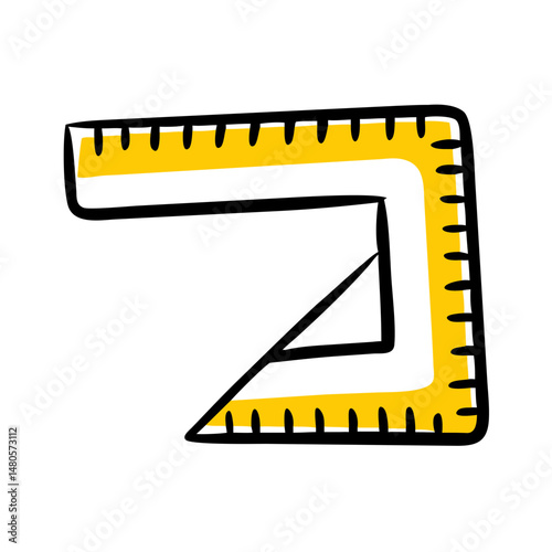 Yellow triangular ruler illustration with black outline design  