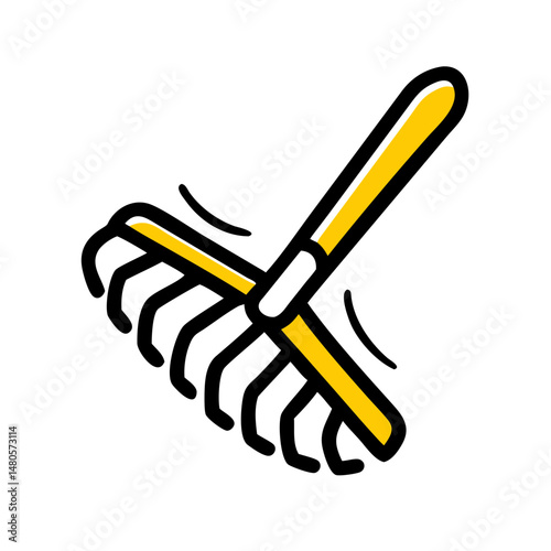 Gardening rake with yellow handle on white background  