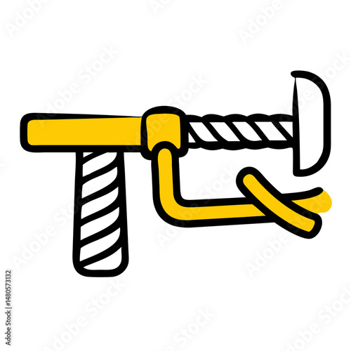 Rebar bender tool with yellow handle and twisted metal design  