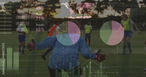 Goalkeeper guarding while teammates dribbling ball, showing pie and bar overlays using sports tech