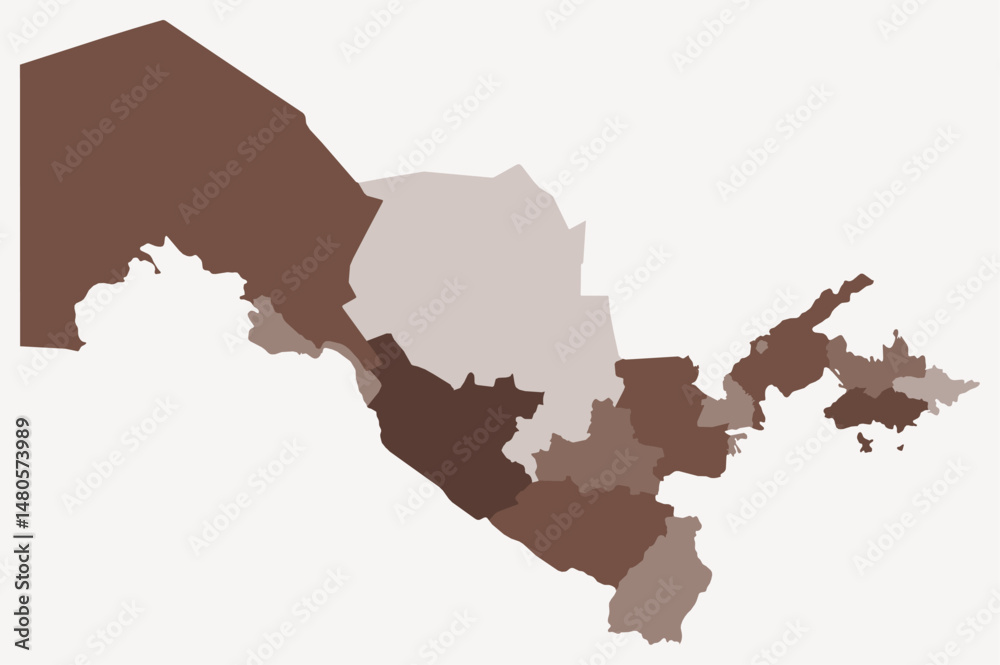 Fototapeta premium Map of Uzbekistan with regions. Just a simple country border map with region division. Brown color palette. Flat Uzbekistan shape with administrative division. Vector illustration.