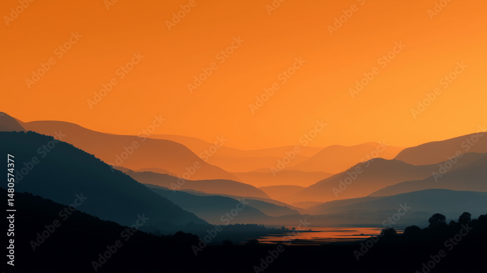 Fototapeta premium Stunning sunset over layered mountains and valleys near a tranquil river