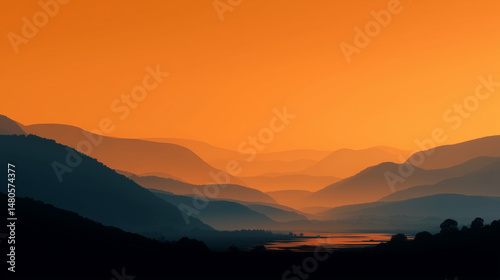 Stunning sunset over layered mountains and valleys near a tranquil river