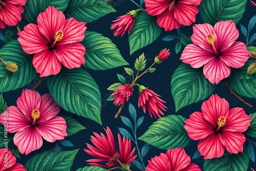 Bold hibiscus & tropical foliage, vibrant seamless repeat, summer, tropical, pattern
