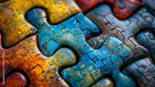 Detailed close up of interconnected puzzle pieces in vibrant blue, brown, and orange hues