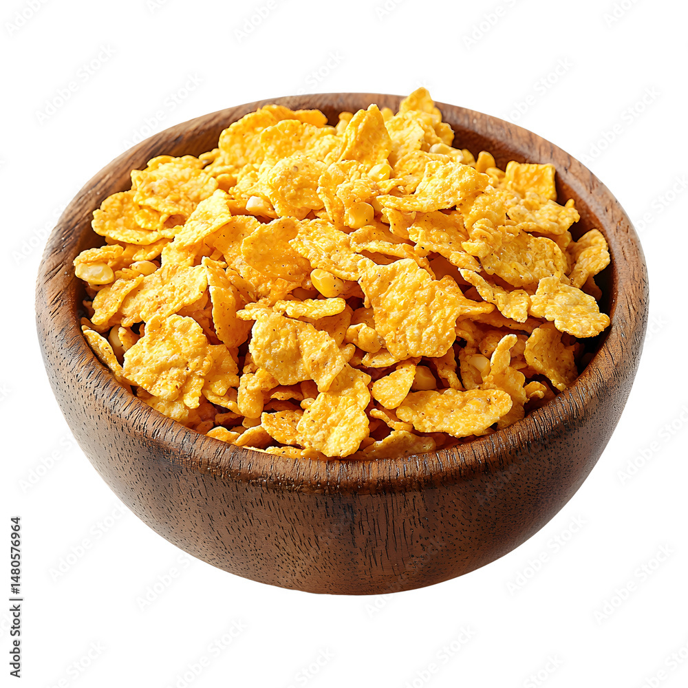 Golden Cornflakes in a Wooden Bowl on White Background Golden Cornflakes in a Wooden Bowl on White Background