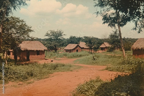Rural African village scene with thatched huts and red dirt paths