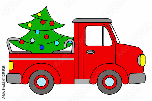 red truck with Christmas tree on white