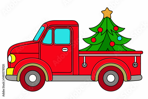 red truck with Christmas tree on white