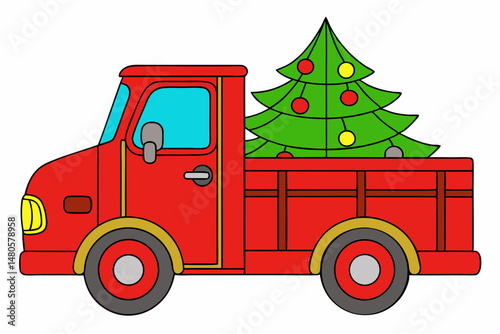 red truck with Christmas tree on white
