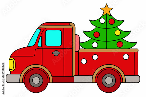 red truck with Christmas tree on white