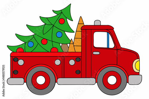 red truck with Christmas tree on white
