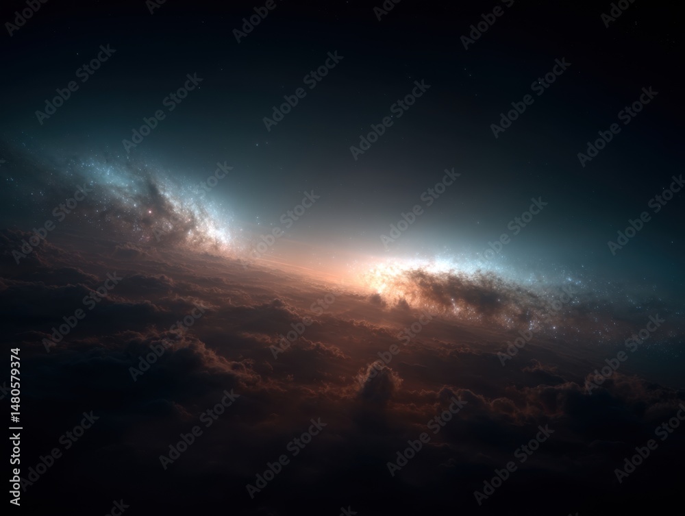 Fototapeta premium Dramatic view of a galaxy rising above a cloudscape from space perspective with gradient colors and ethereal light