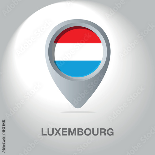 Vector illustration of the Luxembourg flag inside the pin icon on the map. A symbolic location marker with the national colors of Luxenburg on a white background.