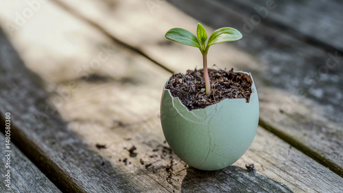 Tiny sprout turn from an eggshell fulfil with soil 