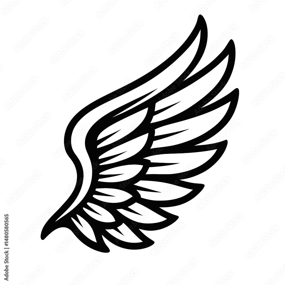 Black and White Illustration of a Single Wing - Graphic Element for Symbols, Fantasy, or Design Themes Black and White Illustration of a Single Wing - Graphic Element for Symbols, Fantasy, or Design Themes