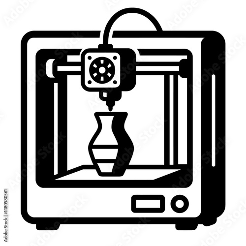 Black and White Illustration of a 3D Printer Printing an Object - Graphic Element for Technology, Manufacturing, or Design Themes