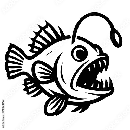 Black and White Illustration of an Anglerfish - Graphic Element for Marine Life, Animals, or Design Themes