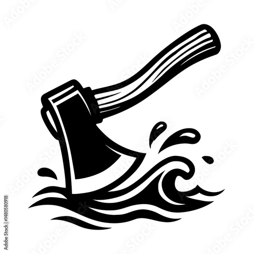 Black and White Illustration of an Axe Striking Water - Graphic Element for Tools, Impact, or Design Themes