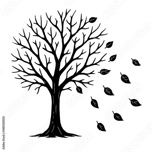 Black and White Illustration of a Bare Tree with Leaves Blowing Away - Graphic Element for Nature, Seasons, or Design Themes
