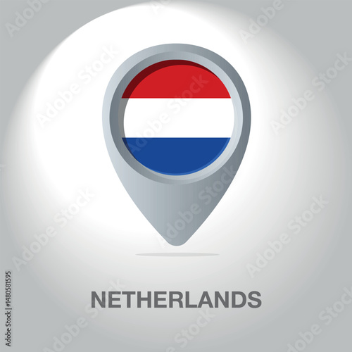 Vector illustration of the Dutch flag inside the pin icon on the map. A symbolic location marker with the national colors of the Netherlands on a white background.