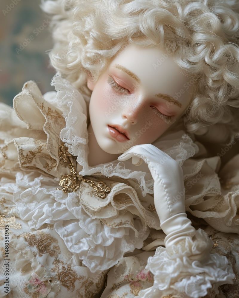 Fototapeta premium A Rococo-style doll with curly hair and closed eyes. She has a powdered face, light makeup, and wears a frilly dress with silk gloves. Close-Up.