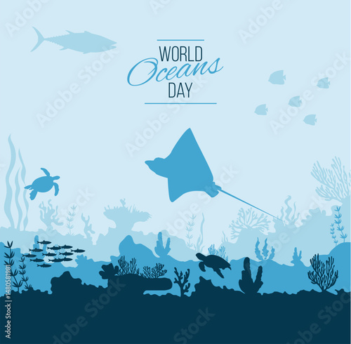 Holiday poster, postcard, banner, design for World Oceans Day. Underwater world, marine life. Vector illustration.