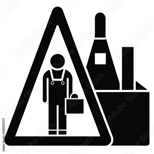 Factory worker element isolated warning sign board on white background