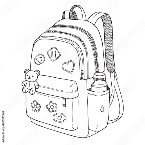 A black and white line drawing shows a backpack adorned with a teddy bear, flowers, and hearts, with a water bottle in a side pocket.