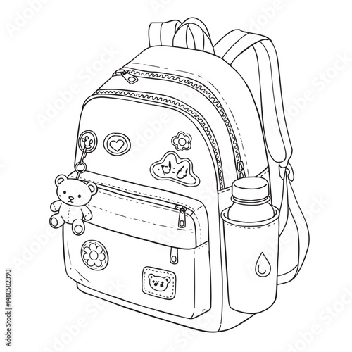 A black and white line drawing shows a backpack decorated with patches including a heart, a flower, and a teddy bear. A small teddy bear keychain hangs from a zipper.