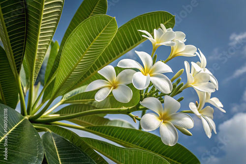 White plumeria flowers with yellow centers and green leaves