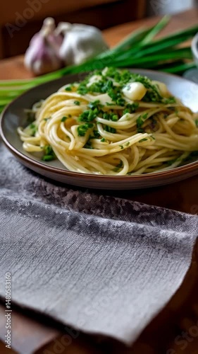 Close-up of appetizing spaghetti pasta topped with chopped chives and garlic on a rustic plate, served on a gray textured cloth.