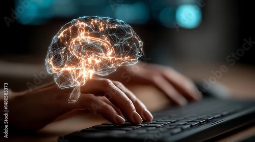 Glowing, geometric brain over keyboard.
