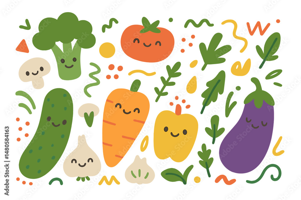 A collection of cute and appetizing vegetables is showcased in a decorative abstract horizontal banner featuring colorful doodles and hand-drawn modern illustrations A collection of cute and appetizing vegetables is showcased in a decorative abstract horizontal banner featuring colorful doodles and hand-drawn modern illustrations