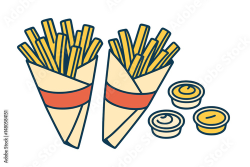 A set of French fries is depicted with potato sticks in paper cones, accompanied by ketchup, mayo, and mustard sauces, all isolated on a white background, as a vector illustration for a fast food