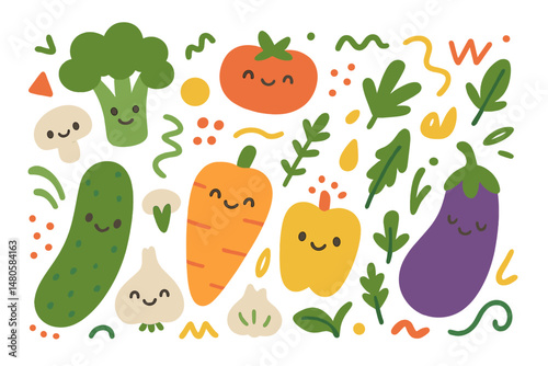 A collection of cute and appetizing vegetables is showcased in a decorative abstract horizontal banner featuring colorful doodles and hand-drawn modern illustrations