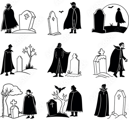 Silhouette illustration of gothic figures near tombstones