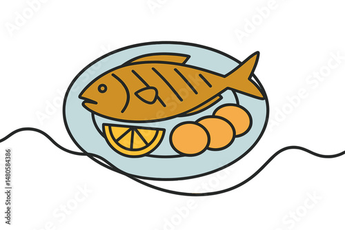 Vector illustration featuring a continuous line drawing of grilled fish on a plate accompanied by lemon and potato on a white background