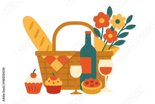A colorful flat vector illustration on a white background depicts a picnic basket filled with a bottle of wine, wineglass, baguette, cakes, and a bouquet of flowers for a romantic outdoor dinner