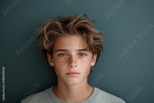 tight face shot of a teenager smirking with sarcasm, modern hairstyle, high-contrast 