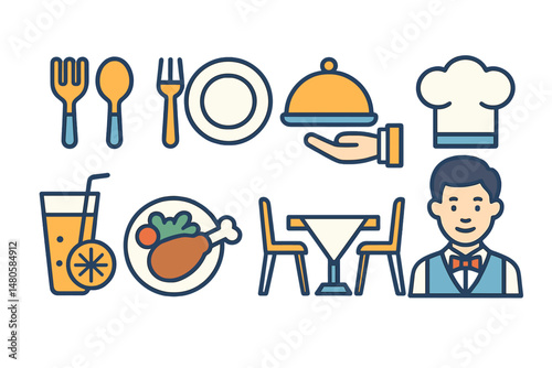A set of catering icons is provided, including a fork, spoon, knife, plate, cloche, tray, chef hat, beverage, food, dining table, and waiter, all related to cutlery or tableware found in a