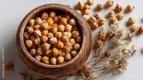 Top View of a Bowl of Chickpeas on a White Background