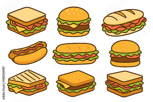 A variety of sandwiches and a collection of burgers, including bread rolls, panini, and fast food ingredients like cheese, meat, and vegetables, make for a tasty breakfast