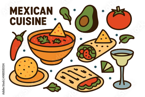 Mexican cuisine illustrations are being drawn, including traditional food and drink vector illustrations